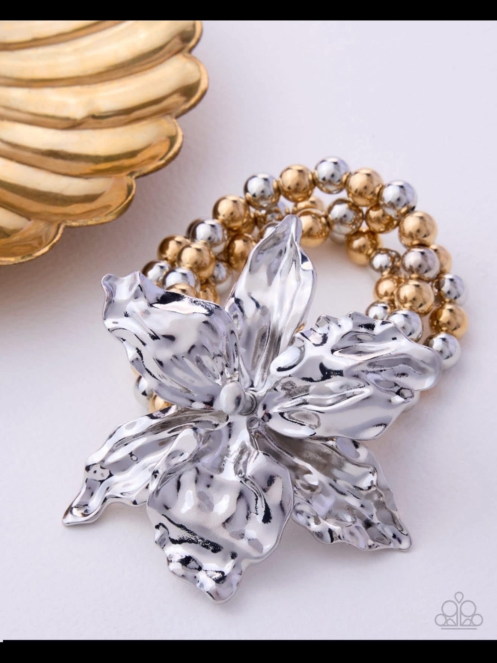 Silver Floral Statement Ring with Gold & Silver Beaded Band